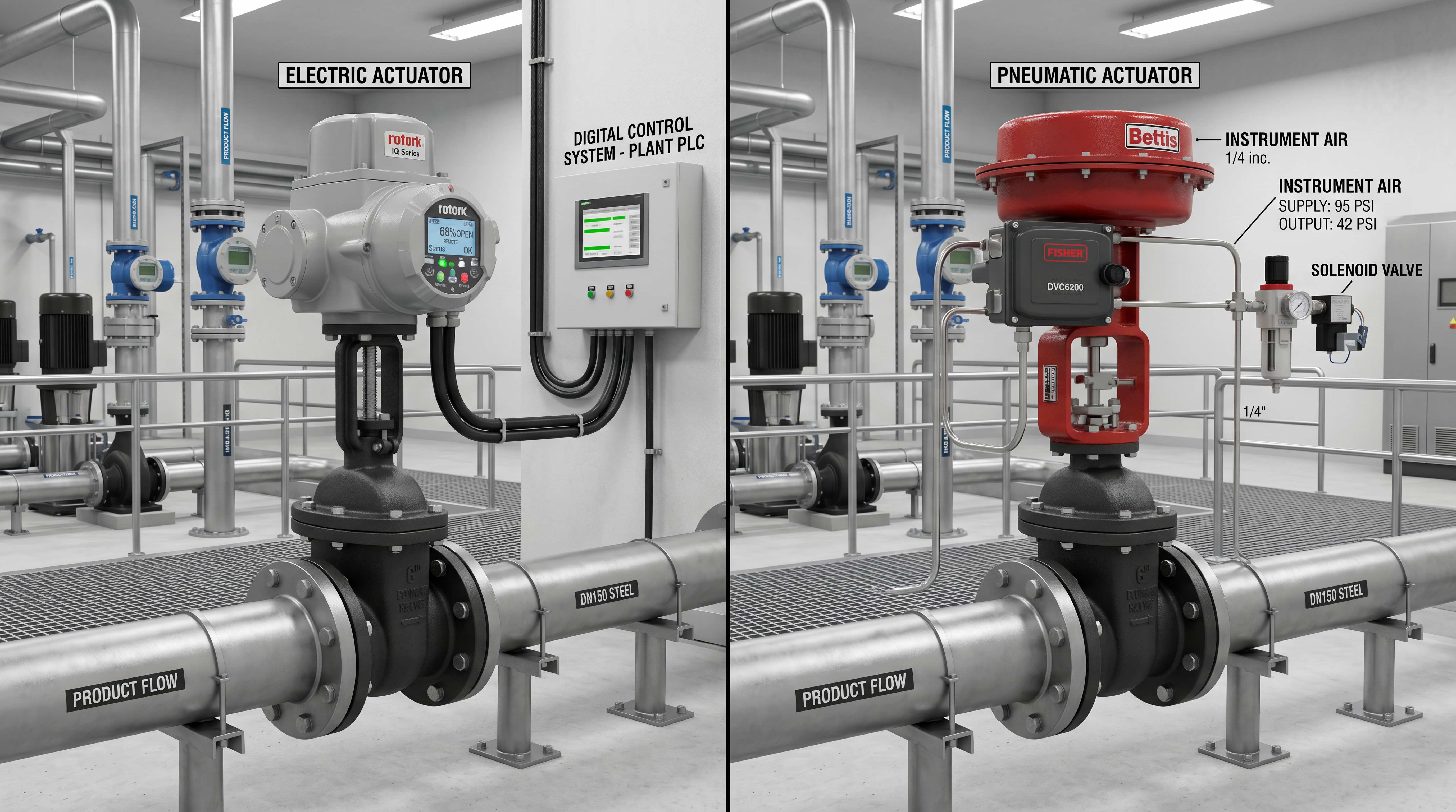 Side by side comparison of electric valve actuator and pneumatic valve actuator on industrial pipeline valves
